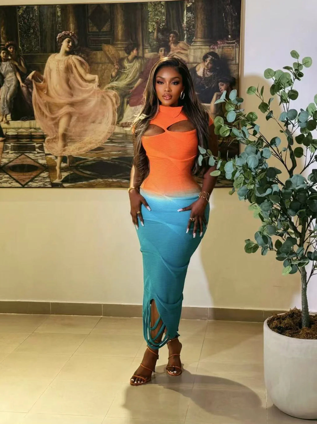 Sexy Knitted Gradient Orange Blue Hollow Out Maxi Dress Women Fashion Short Sleeve Skinny Stretch Tassel Y2K Birthday Long Dress