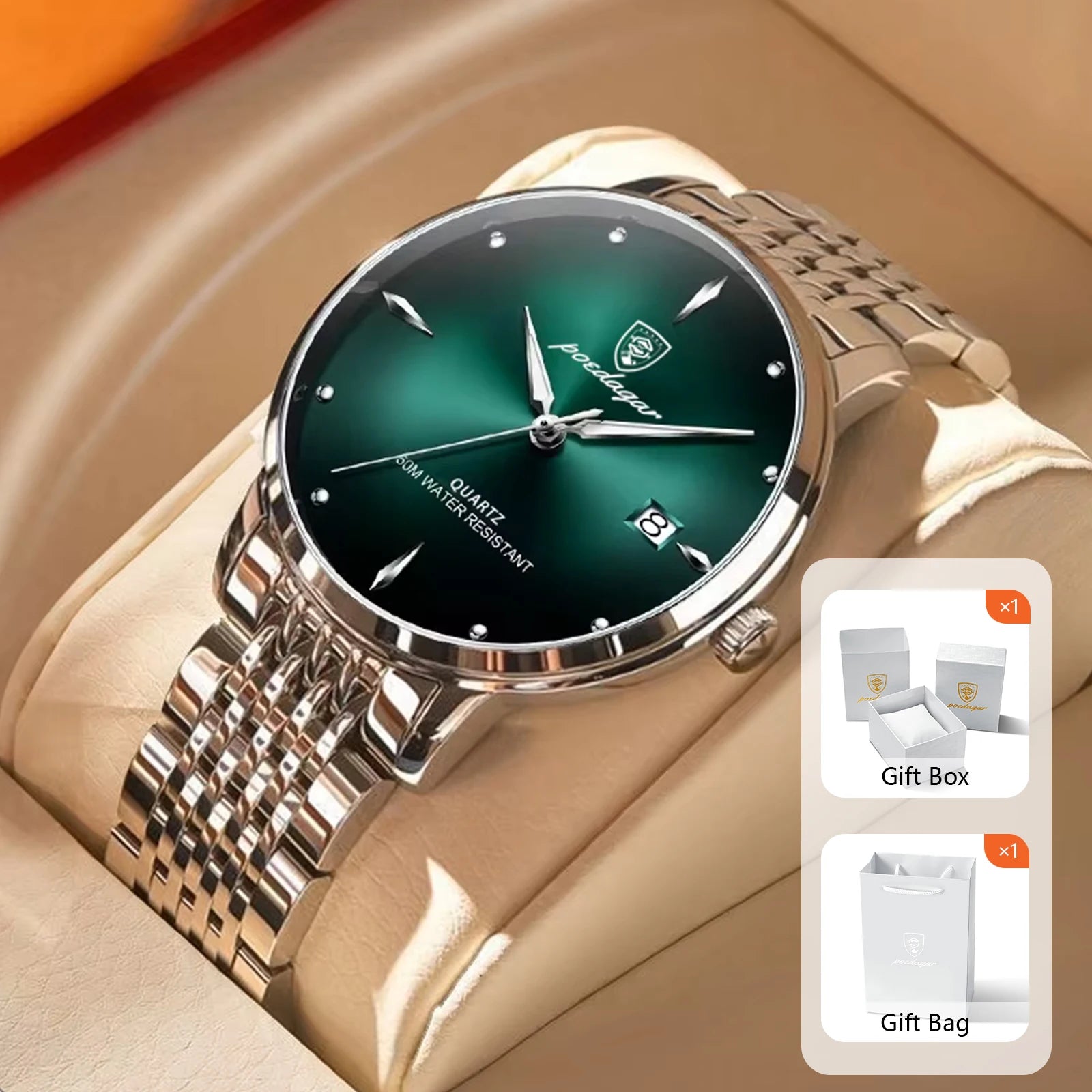 POEDAGAR Business Men's Watches Stainless Steel Date Men Watch Waterproof Luminous Fashion Casual Quartz Man Wristwatch+Gift Box