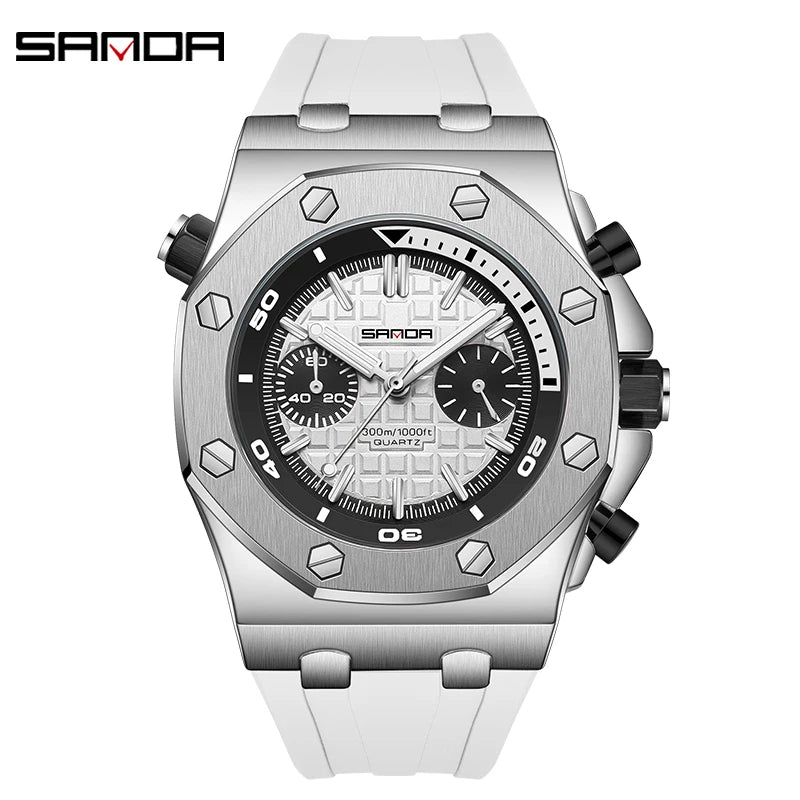 2025new model Royal Fashion Casual Men Watches Big Dial white Silicone Quartz Wristwatch Classic Top Brand SANDA Male Clock 7027