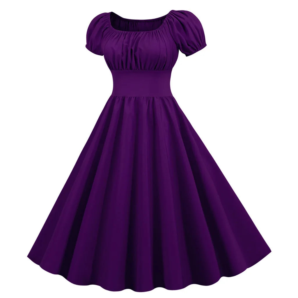 Red Square Neck Summer Dress Women V Neck Big Swing Vintage Dress Robe Femme Elegant Retro Pin up Party Evening Midi Dresses