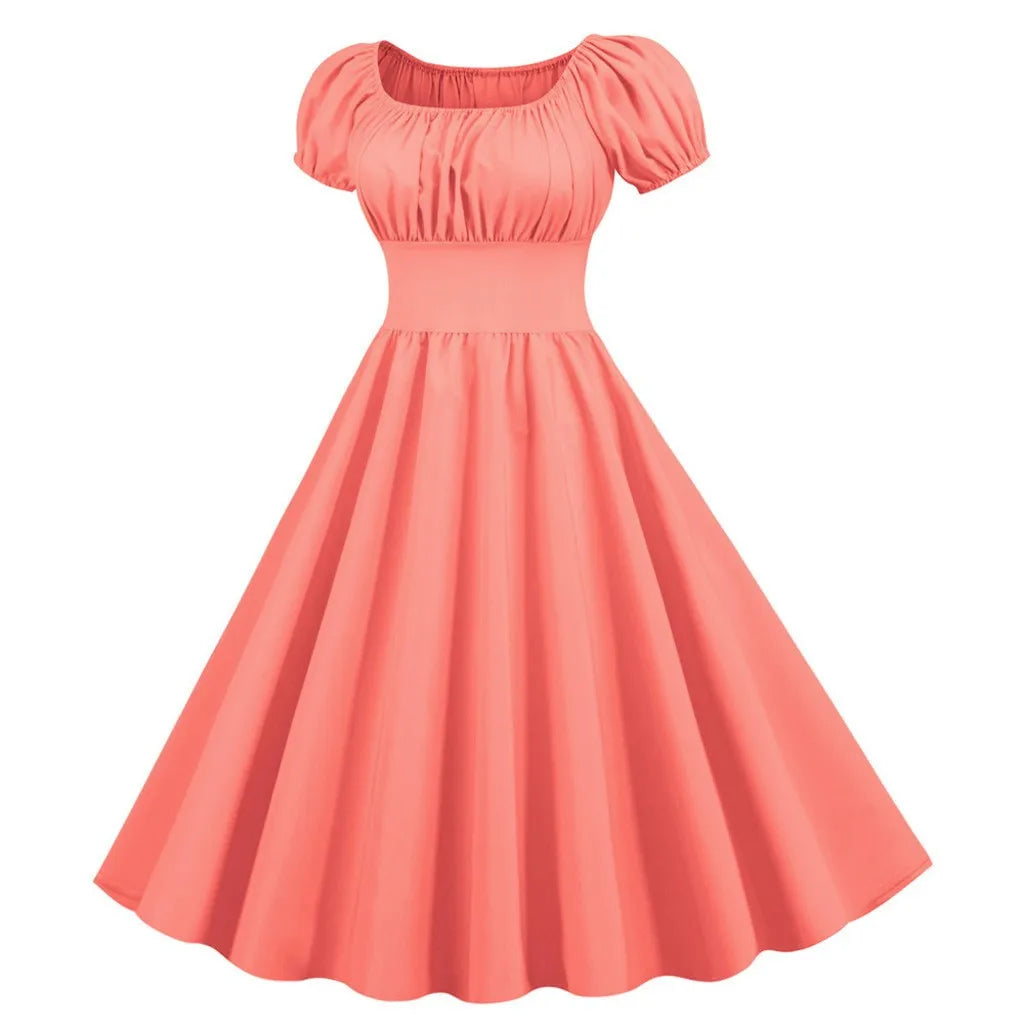 Red Square Neck Summer Dress Women V Neck Big Swing Vintage Dress Robe Femme Elegant Retro Pin up Party Evening Midi Dresses