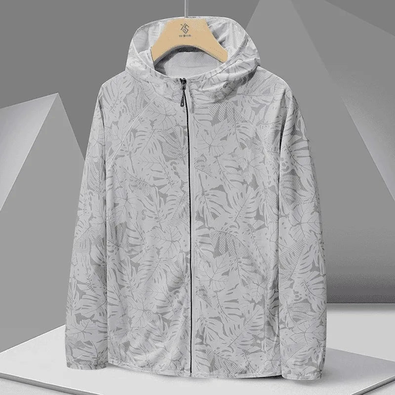 2025 New Male Leaves Hooded Sunscreen Outdoor Summer UV Skin Coat Jacket Solid Color Ice Silk Quick Dry Sunscreen UV Protection