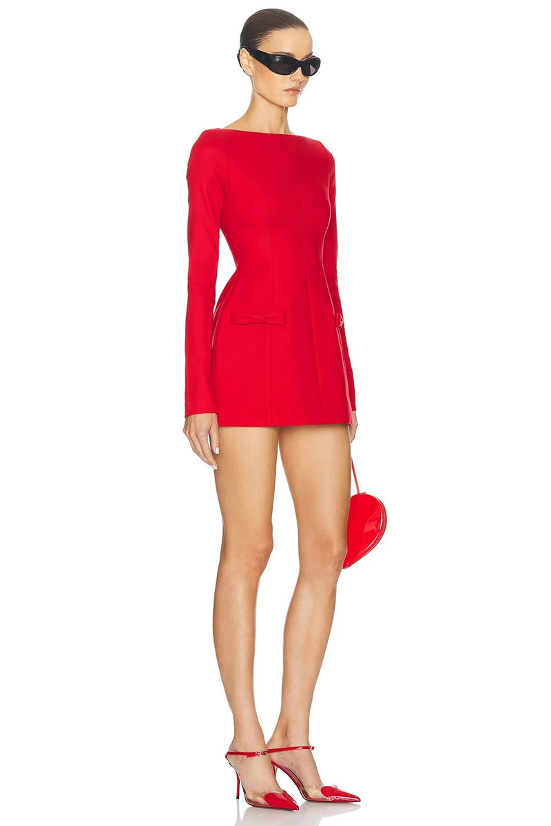 Mozision Double Bow Long Sleeve Sexy Mini Dress For Women Autumn Winter New Solid High Waist Bodycon Club Party Dress Elegant