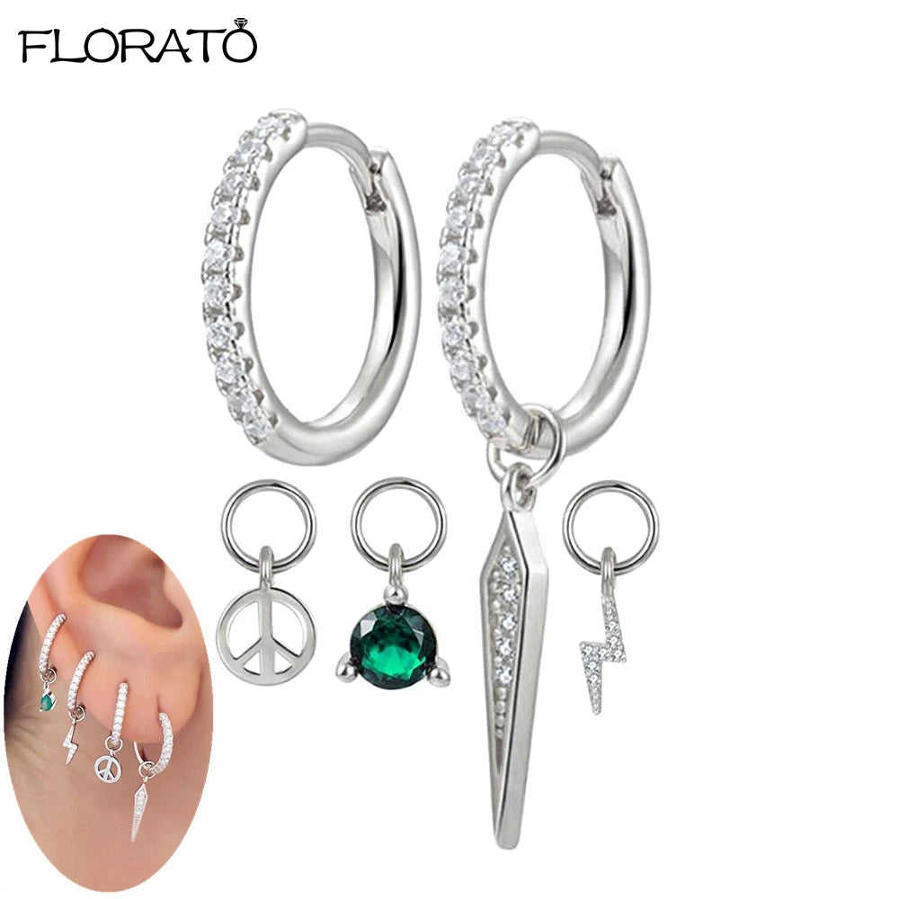 925 Sterling Silver Needle Lightning Pendant Earrings Charming Pave Crystal Gold Hoop Earrings for Women Fashion Jewelry Gifts