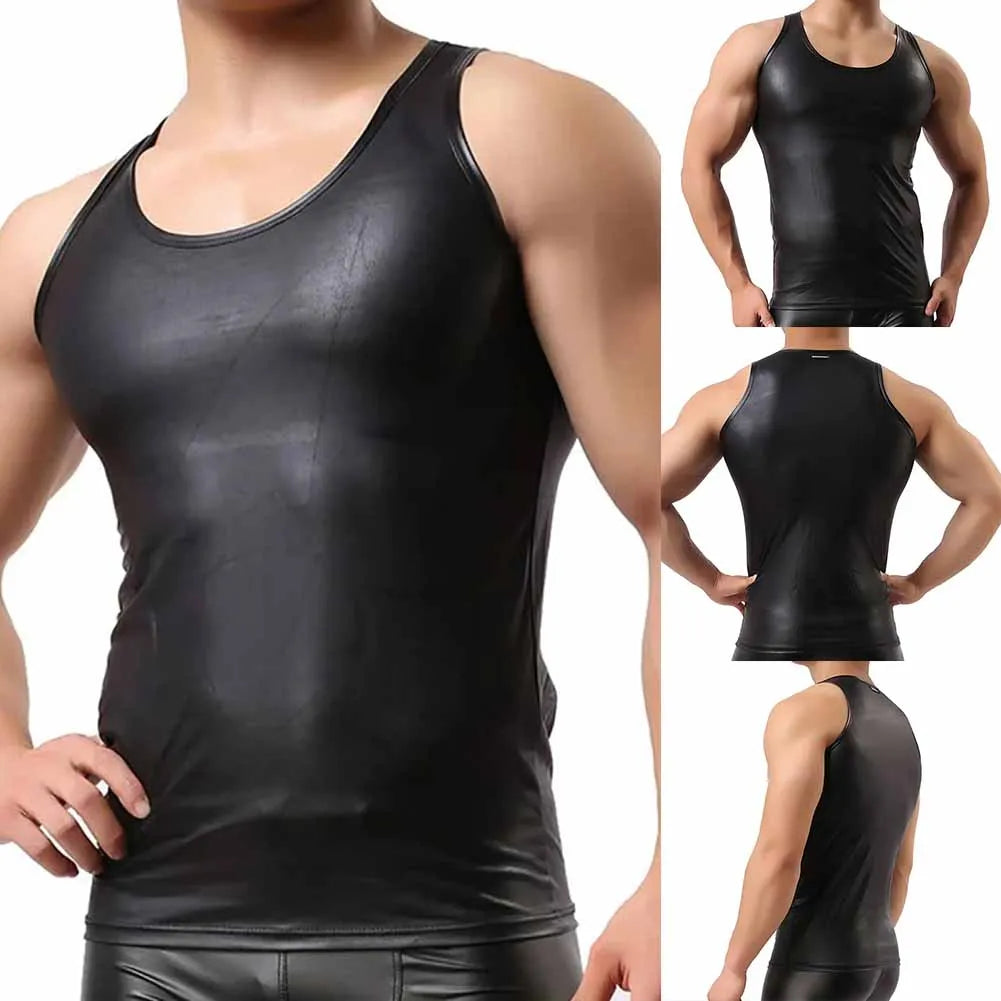 New Men Faux Leather Undershirt Tank Tops Vest Sexy Sleeveless T-Shirt Crop Top Solid Black Vest T Shirt For Man Clothing