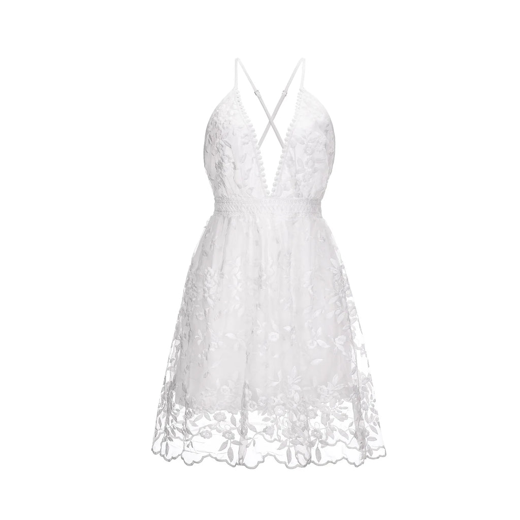 Fashion Sexy Spaghetti Strap White Dress Woman Summer Embroidery Mesh Lace Backless Beach Dress For Women New Casual Mini Dress
