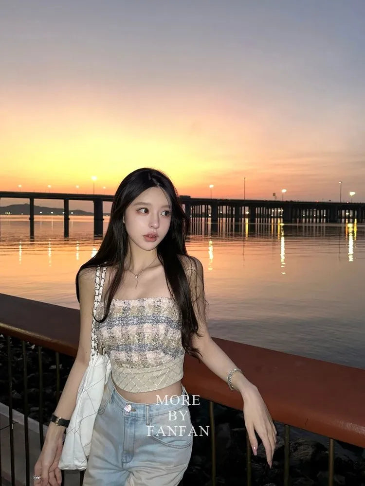 Sexy  Camis Plaid Chic  tube top Slim Korean Tanks Top Sleeveless Elegant  Crop Top Summer Women Bustier