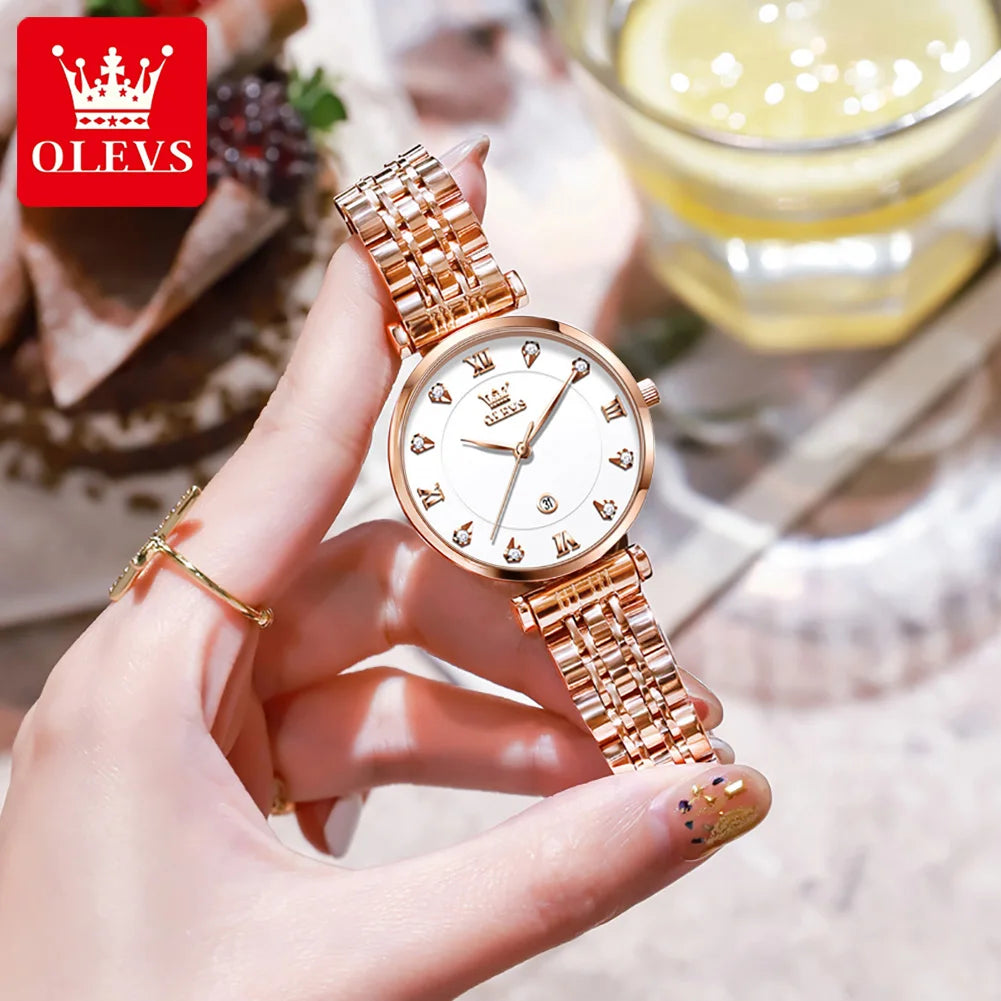 OLEVS 5866 Fashion Original Women's Watches Calendar Rose Diamond inlay Quartz watch Simplicity Versatile Brand Lady Wristwatch
