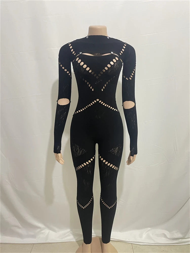 kliou Autumn Women Ankle-Length Sexy Jumpsuit M23Q37017 Girl Burn-out Hole Slim One Piece Overall Miss Solid Party Club Attire