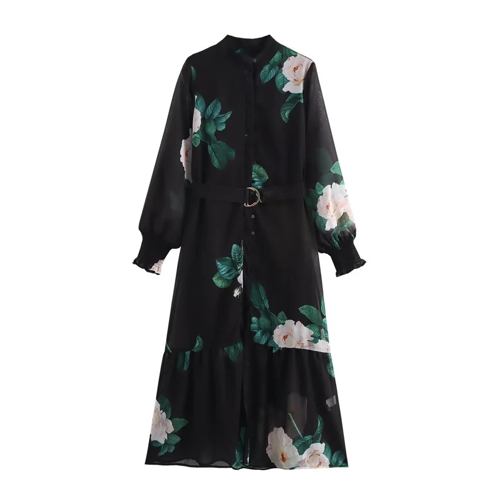 PB&ZA 2025 Women's Black Long Sleeve Maxi Dress with White Floral and Green Leaf Print Belted Waist and Tiered Hem