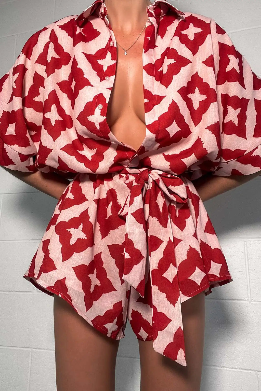 2024 New Autumn Women Loose casual Print Strap Jumpsuit Red Print Bow Tie Turndown Collar Loose Bodysuit Sexy Outfits Streetwear