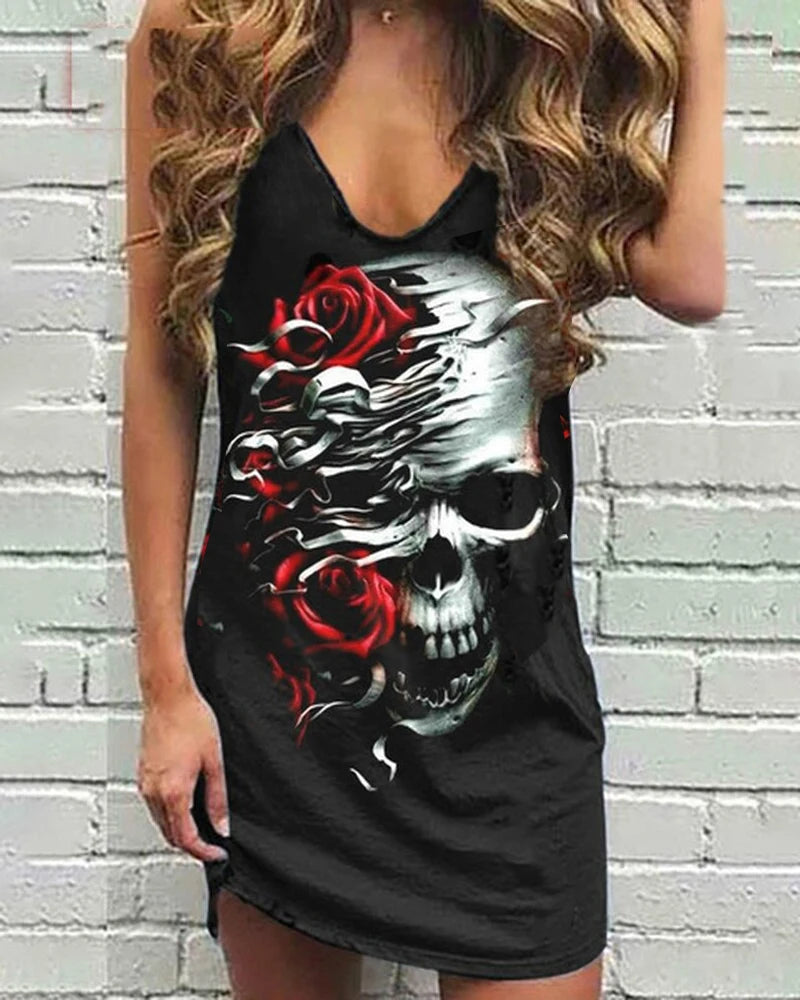 Skull Scarf Sunglasses Print Women Sleeveless Summer  Vest dress Solid Color Dress Streetwear O-Neck Casual
