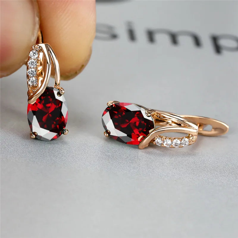 Crystal Purple Oval Stone Jewelry Rose Gold Color Wedding Hoop Earrings For Women