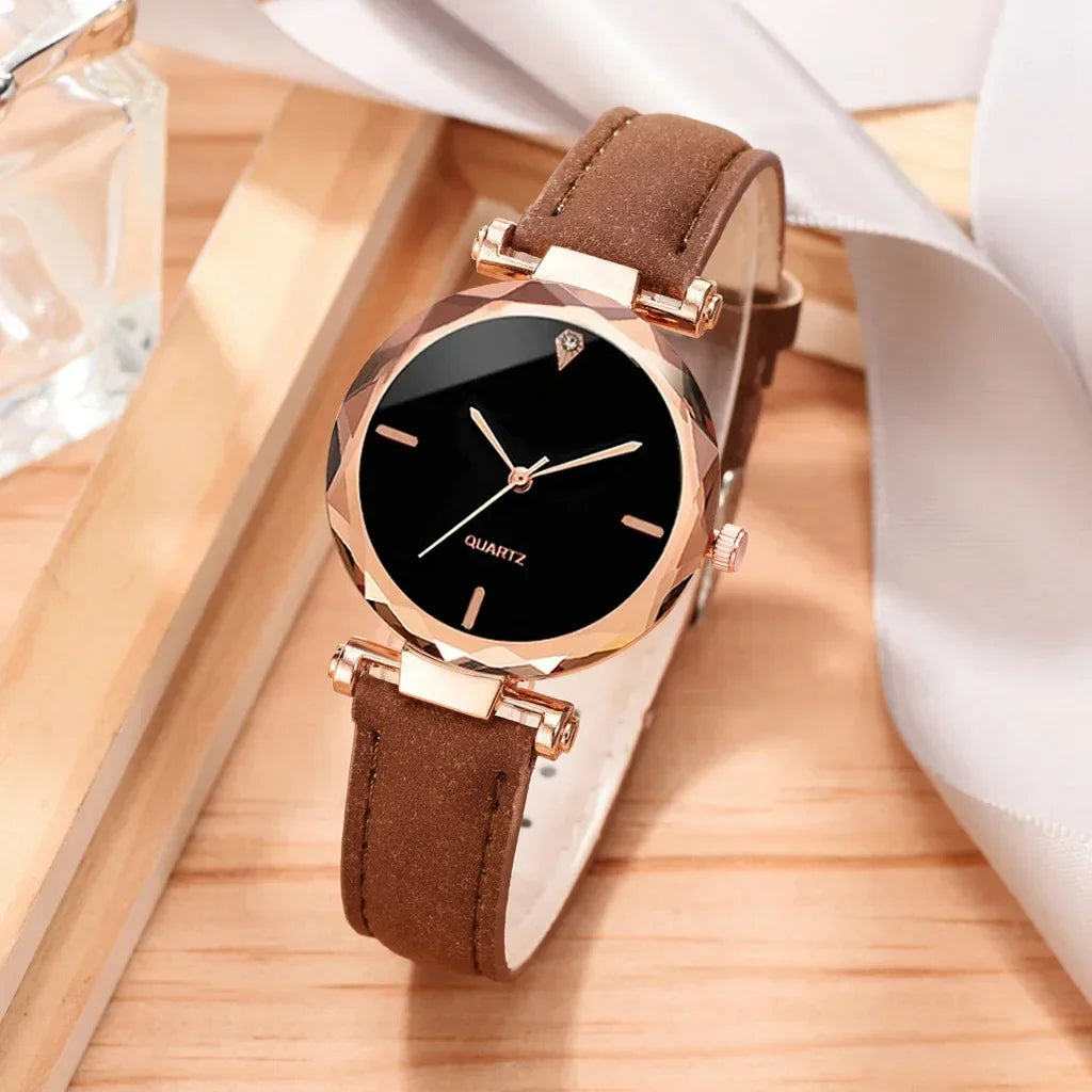 2pcs Luxury Fashion Women Watch Set PU Leather Strap Ladies Quartz Wristwatch Rhinestone RoseGold Alloy Bracelet For Ladies Gift