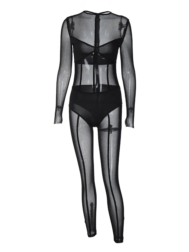 Dulzura Solid Mesh Long Sleeve O-Neck Jumpsuit See Through 2023 Summer For Women Sexy Y2K Birthday Evening Clubwear Sheath