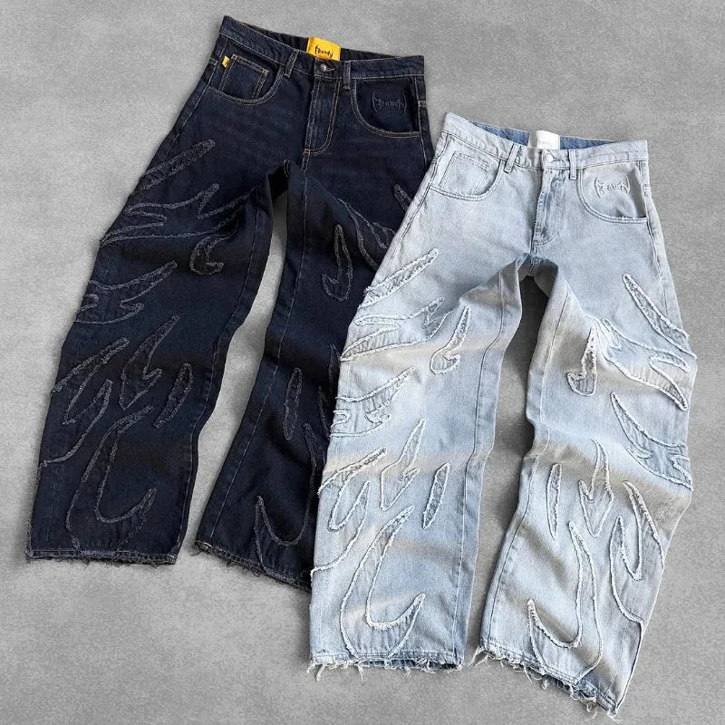 2025 New American Retro Flame Embroidery Baggy Women's Jeans Y2K Harajuku Hip Hop Gothic High Waist Wide Trousers Street Wear