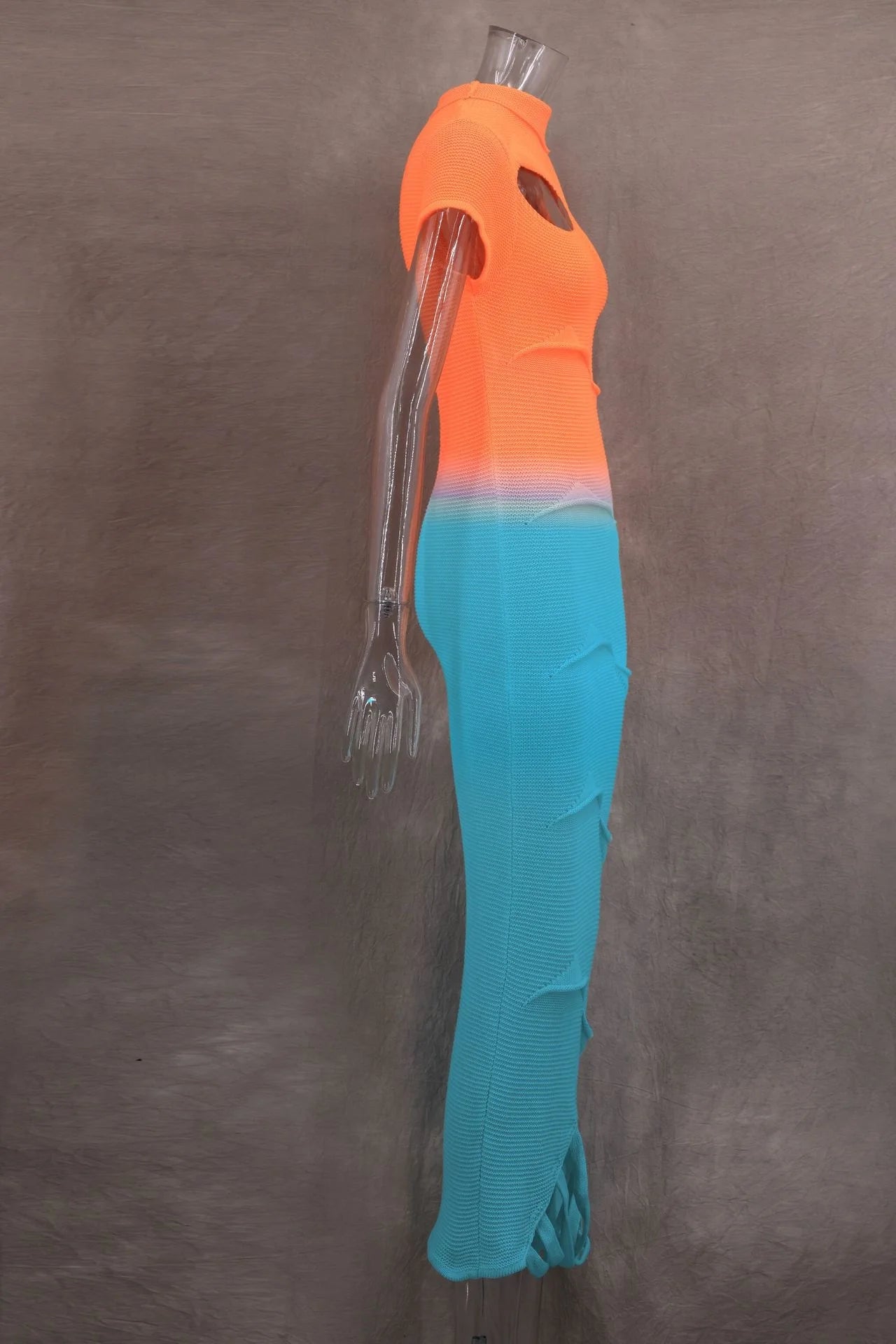 Sexy Knitted Gradient Orange Blue Hollow Out Maxi Dress Women Fashion Short Sleeve Skinny Stretch Tassel Y2K Birthday Long Dress