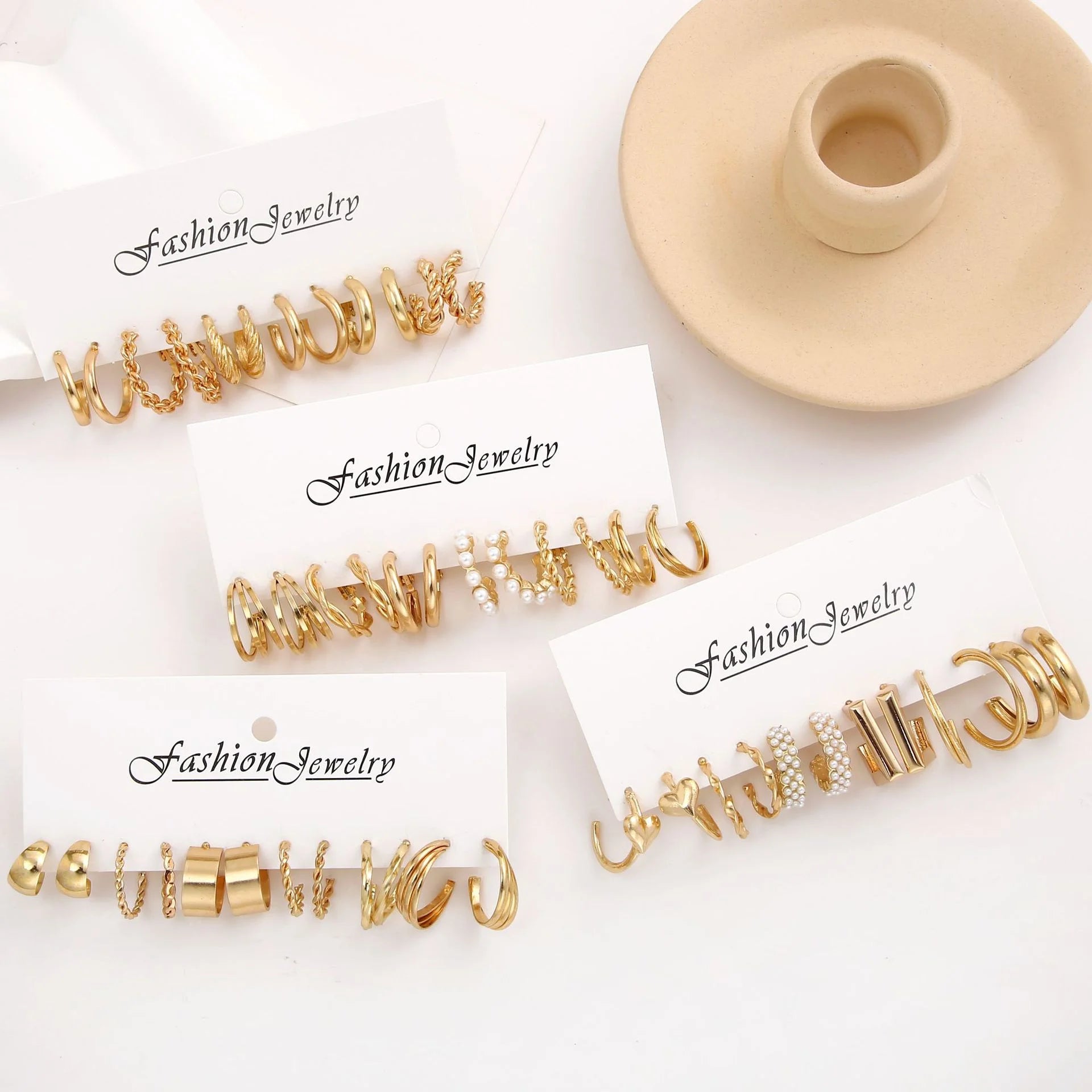 6/24 Pairs Gold Color Vintage Hoop Earrings Set for Women Girl Imitation Pearl Geometric Metal Twist Earring Fashion Jewelry