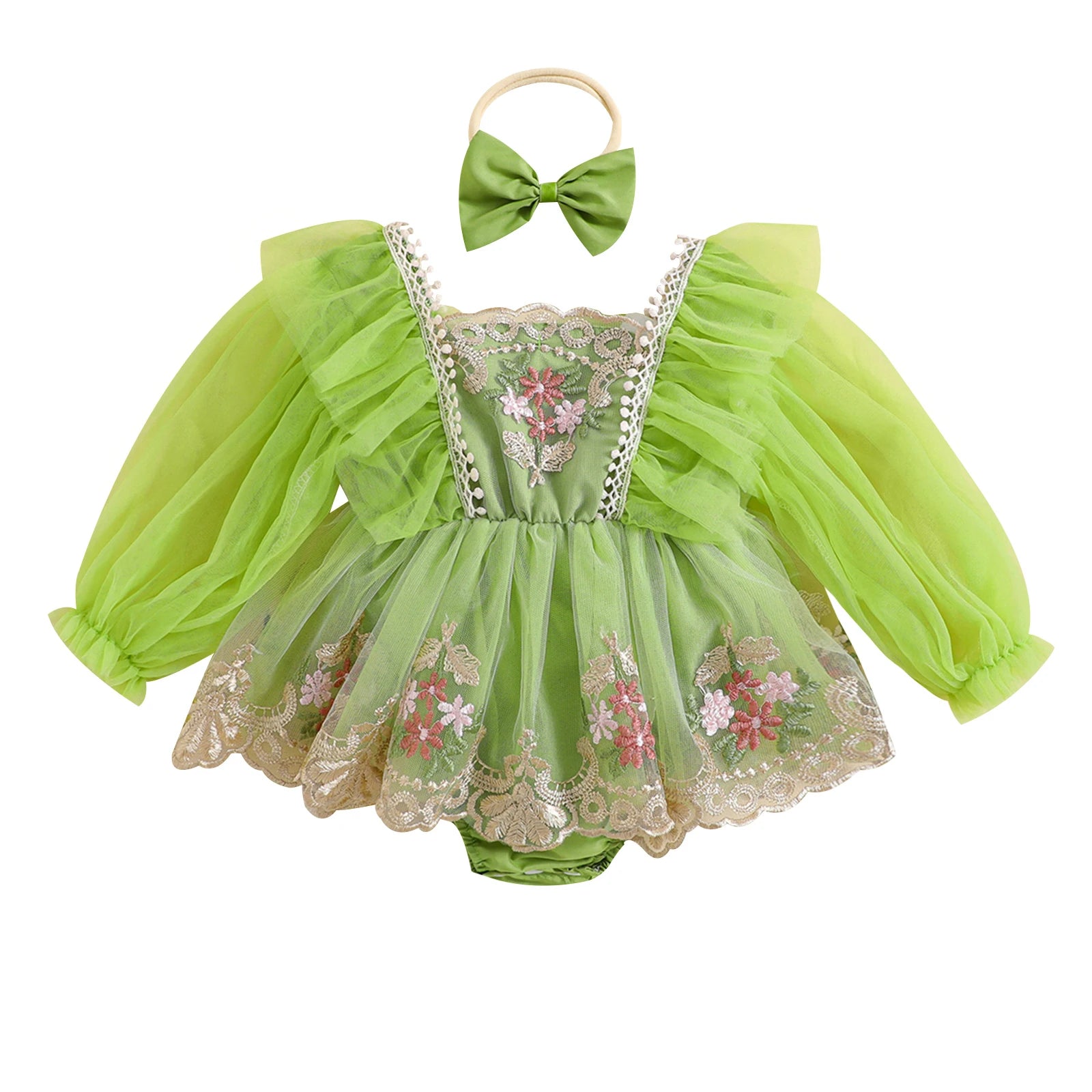 ma&baby 0-24M Baby Girl Romper Newborn Infant Tulle Jumpsuit Princess Long Sleeve Floral Embroidery Clotehs Headband Outfits