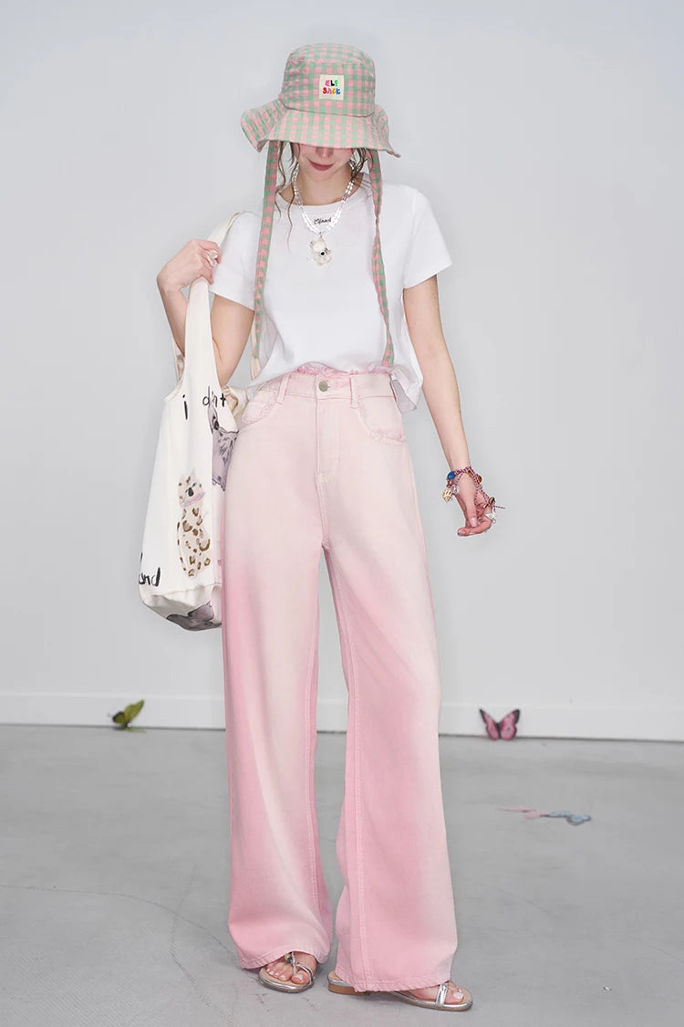 ELFSACK 2025 Spring New Arrivals Y2K Raw Edge High Waist Pink Gradient Jeans Women Sweet Wide Leg Pants