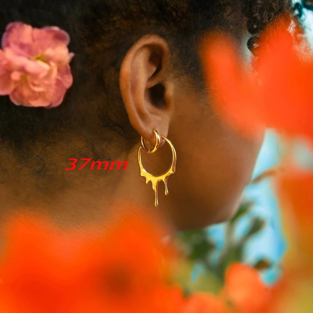 4 Sizes Chunky Water Droplet Open Hoop Earrings Irregular 18K Gold Plated Drops Smooth Stackable Cartilage Piercing Earrings