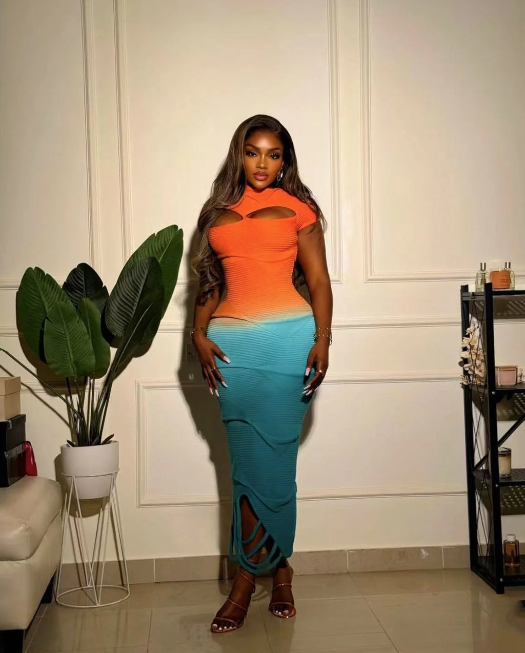 Sexy Knitted Gradient Orange Blue Hollow Out Maxi Dress Women Fashion Short Sleeve Skinny Stretch Tassel Y2K Birthday Long Dress