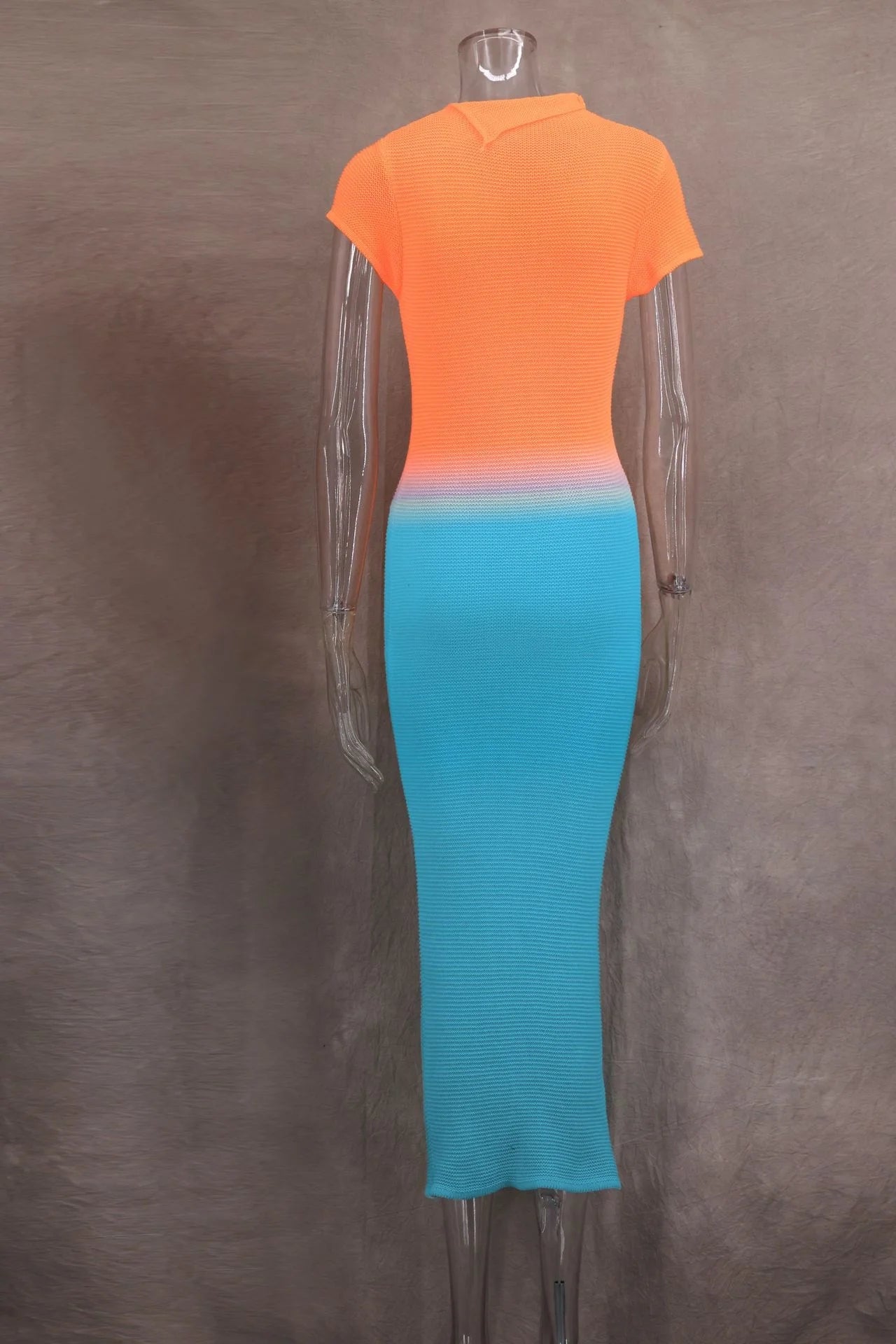 Sexy Knitted Gradient Orange Blue Hollow Out Maxi Dress Women Fashion Short Sleeve Skinny Stretch Tassel Y2K Birthday Long Dress