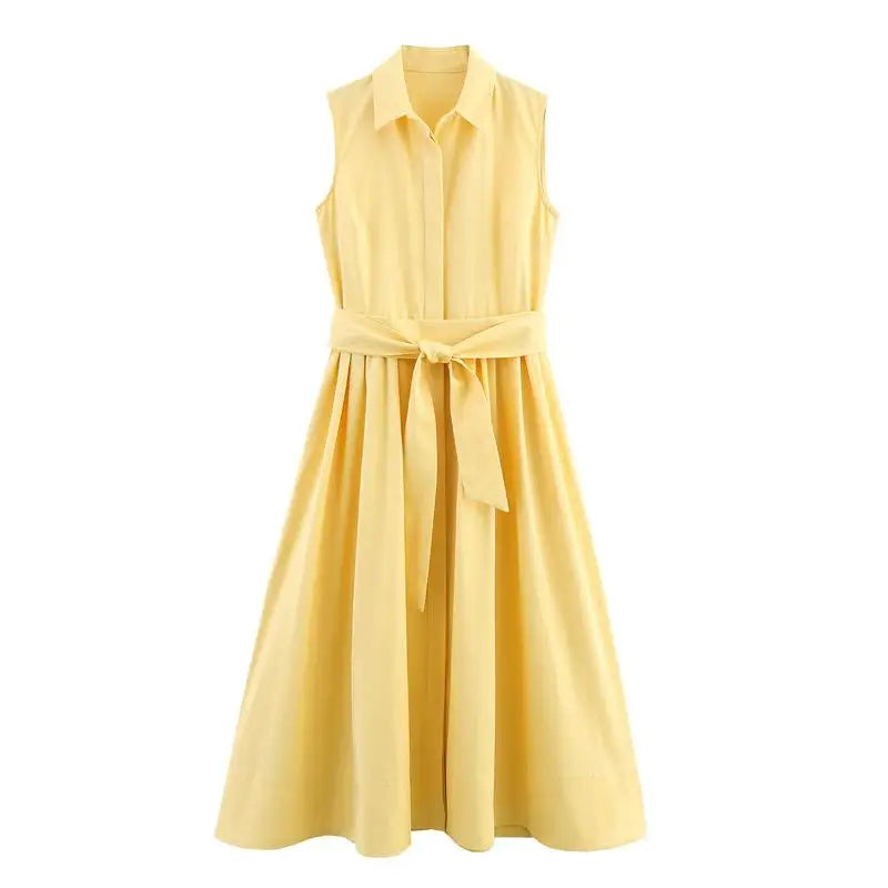 Fashion Sleeveless Long Yellow Shirt Dress Women Pleat Lapel Button Party Lace Up Dresses 2025 Summer Lady Commute Vestidos