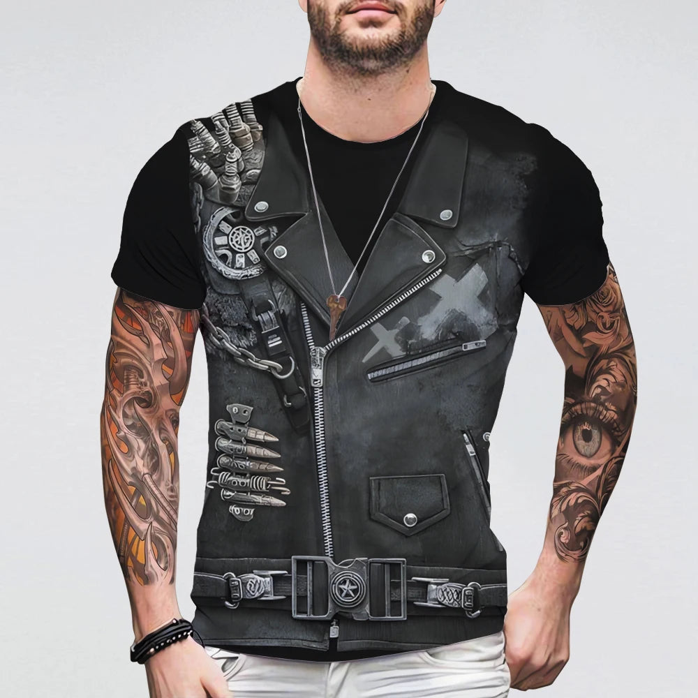 Jeans Jacket 3D Print T-shirts For Men Oversized Short Sleeve Clothing Leather Printing Round Neck Vintage Summer Biker Jacket