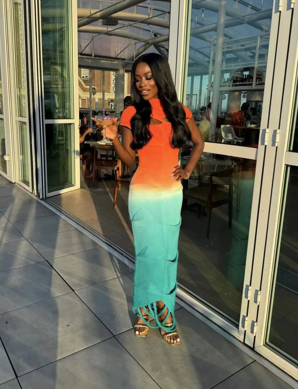 Sexy Knitted Gradient Orange Blue Hollow Out Maxi Dress Women Fashion Short Sleeve Skinny Stretch Tassel Y2K Birthday Long Dress