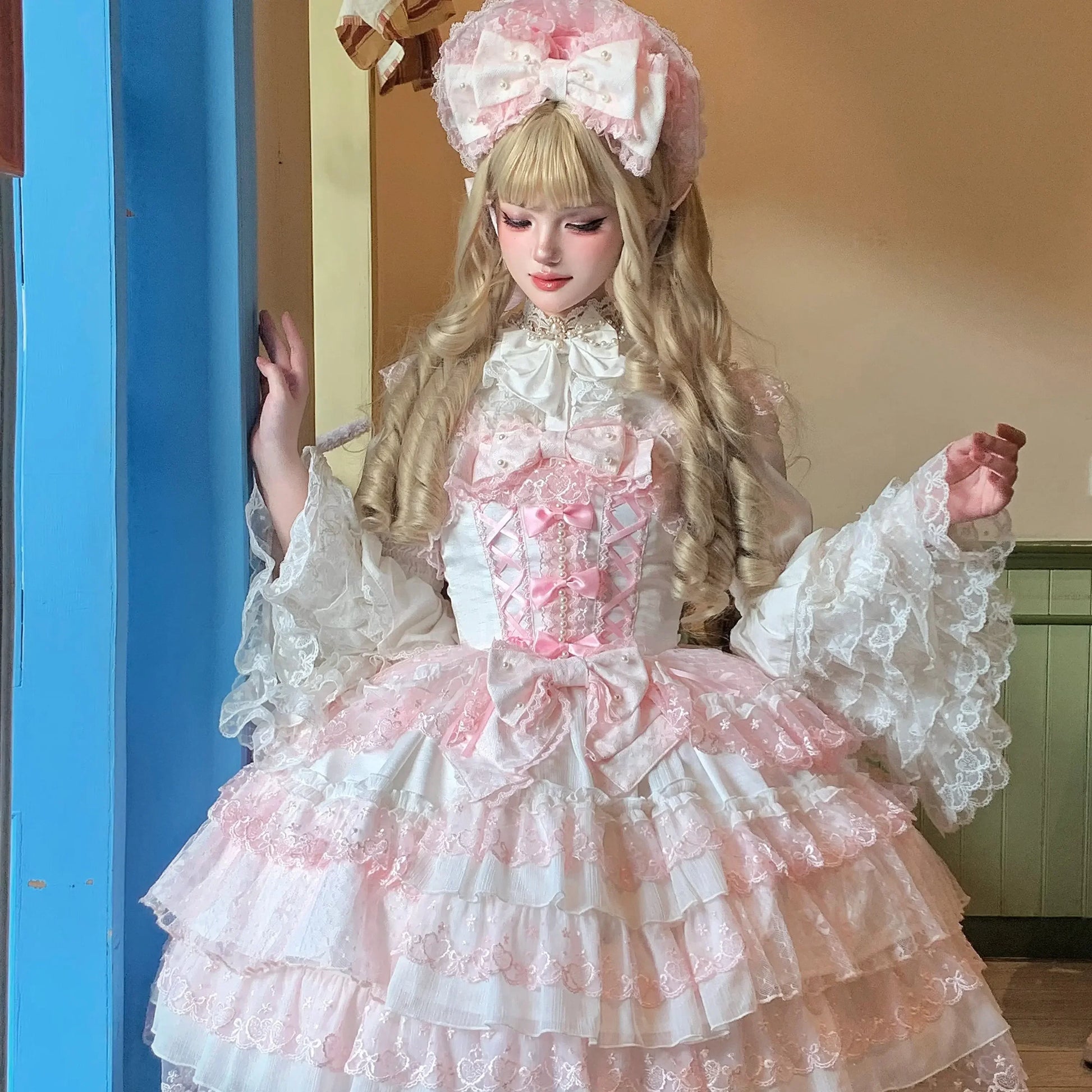 Women's Lolita Pink Dress Jsk Bow Lace Stitching Cute Sweet Girls Suspender Dress Lady Long Sleeve Inner Shirt Y2k Hairpin Cloak