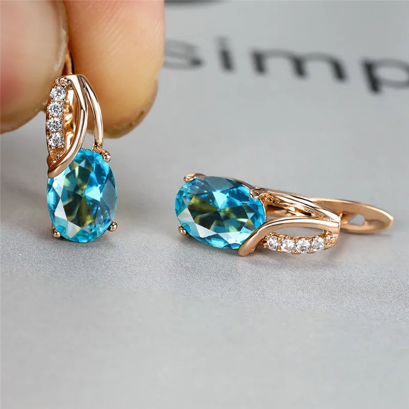 Crystal Purple Oval Stone Jewelry Rose Gold Color Wedding Hoop Earrings For Women
