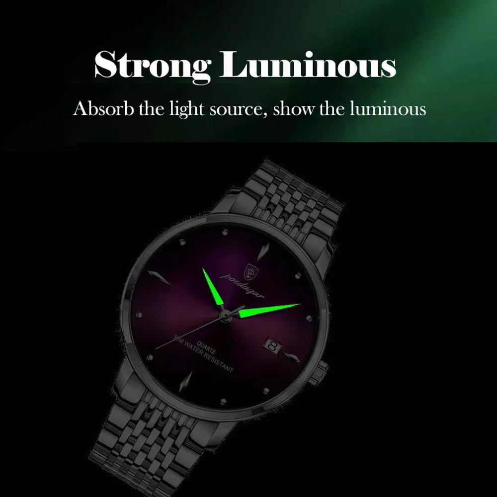 POEDAGAR Business Men's Watches Stainless Steel Date Men Watch Waterproof Luminous Fashion Casual Quartz Man Wristwatch+Gift Box