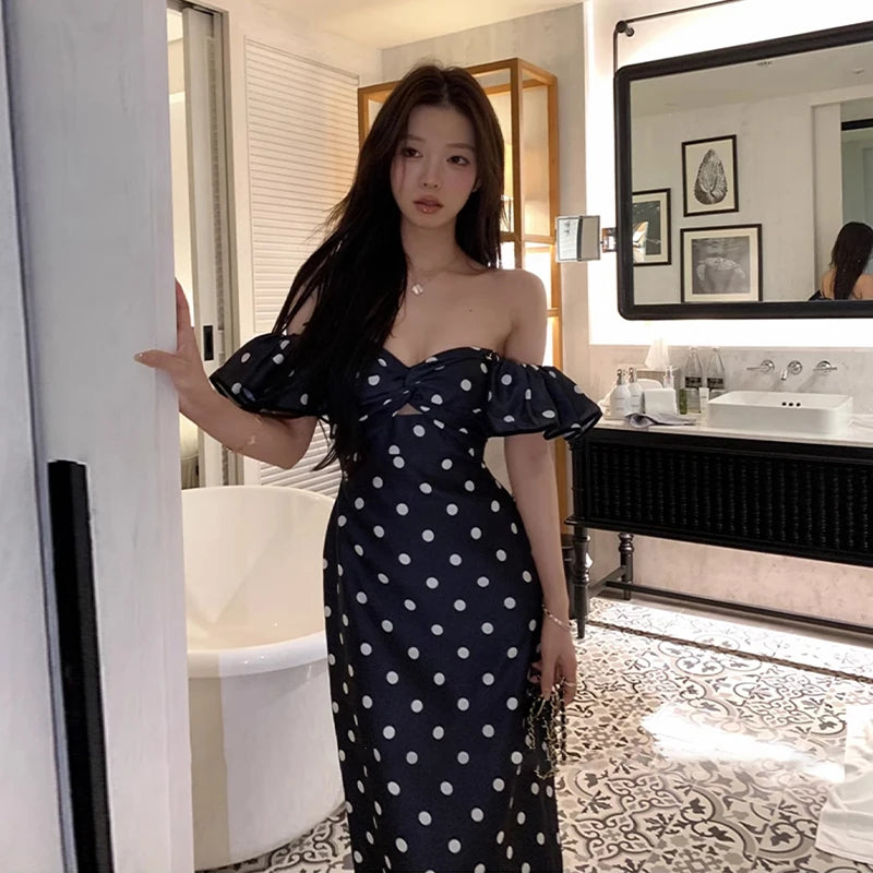 French Retro Off-Shoulder Polka Dot Printed Dresses Women Summer Sheath Holiday Elegant Female Long Dress