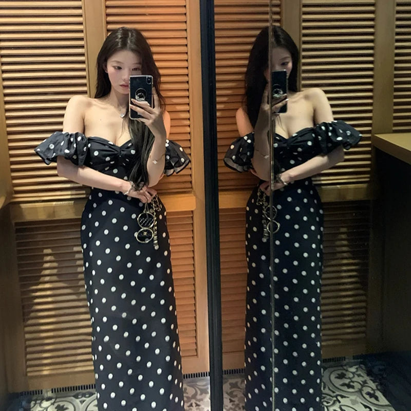 French Retro Off-Shoulder Polka Dot Printed Dresses Women Summer Sheath Holiday Elegant Female Long Dress