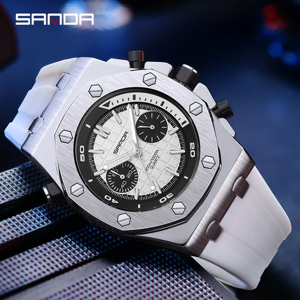 2025new model Royal Fashion Casual Men Watches Big Dial white Silicone Quartz Wristwatch Classic Top Brand SANDA Male Clock 7027