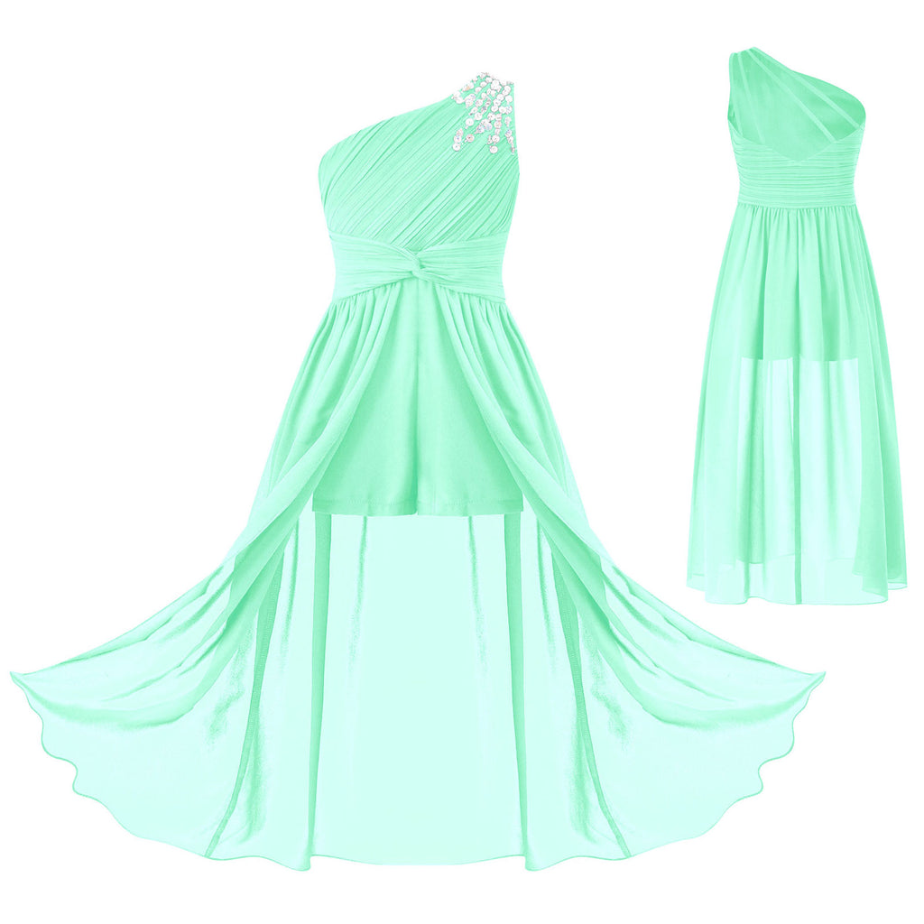 6-16Y Kids Girls Elegant Shiny Beaded Party Dress One Shoulder Ruched Jumpsuit Skirt Princess Wedding Birthday Evening Prom Gown