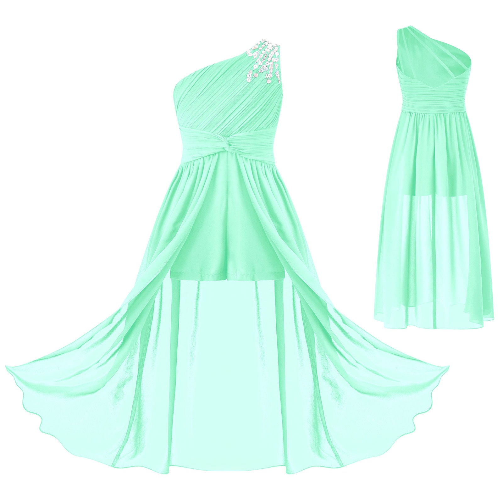 6-16Y Kids Girls Elegant Shiny Beaded Party Dress One Shoulder Ruched Jumpsuit Skirt Princess Wedding Birthday Evening Prom Gown