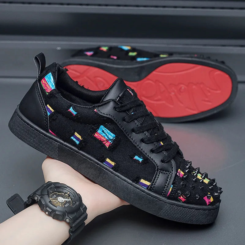 Men's and Women's Street Dance Shoes, Perforated Canvas, Fashionable, Breathable, Red Sole, Rivet, Personalized Casual Shoes