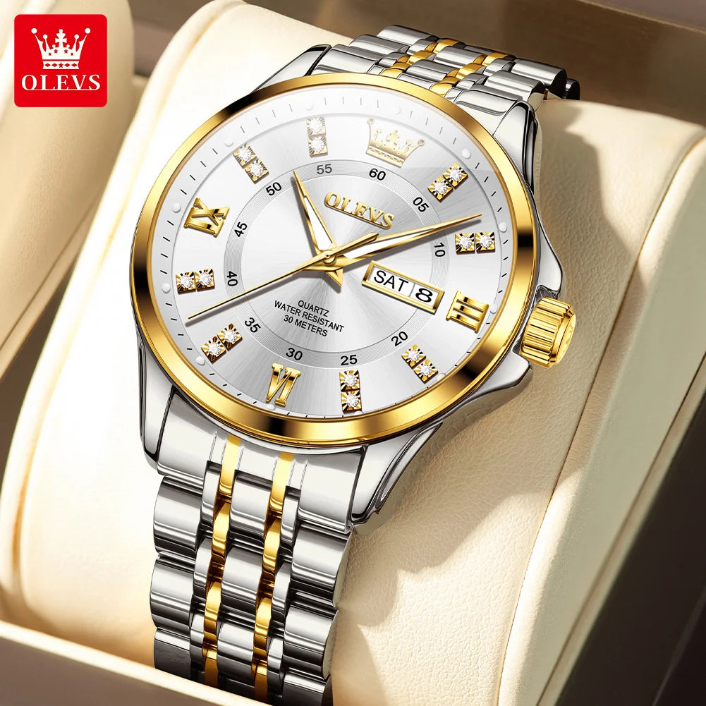 OLEVS 3620 Mens Watch Original Brand Quartz Wristwatch Waterproof Luminous Reloj Watches For Men Dual Calendar Watch Men Gifts