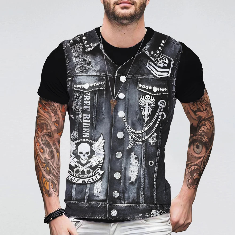 Jeans Jacket 3D Print T-shirts For Men Oversized Short Sleeve Clothing Leather Printing Round Neck Vintage Summer Biker Jacket