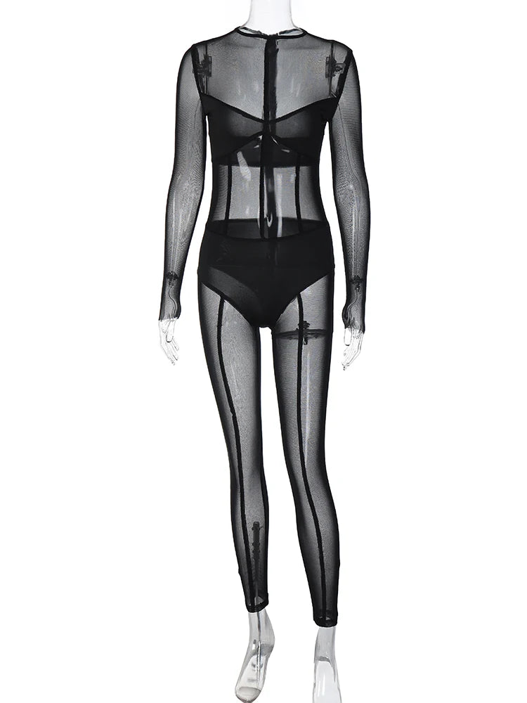 Dulzura Solid Mesh Long Sleeve O-Neck Jumpsuit See Through 2023 Summer For Women Sexy Y2K Birthday Evening Clubwear Sheath
