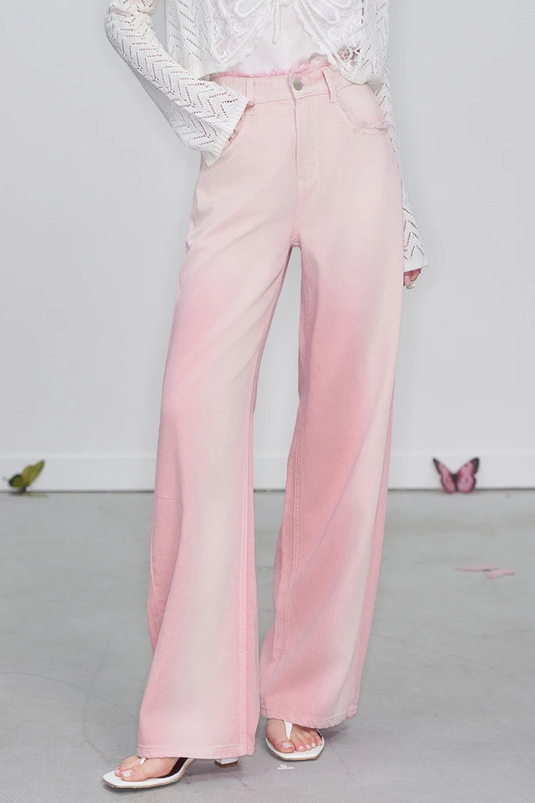 ELFSACK 2025 Spring New Arrivals Y2K Raw Edge High Waist Pink Gradient Jeans Women Sweet Wide Leg Pants