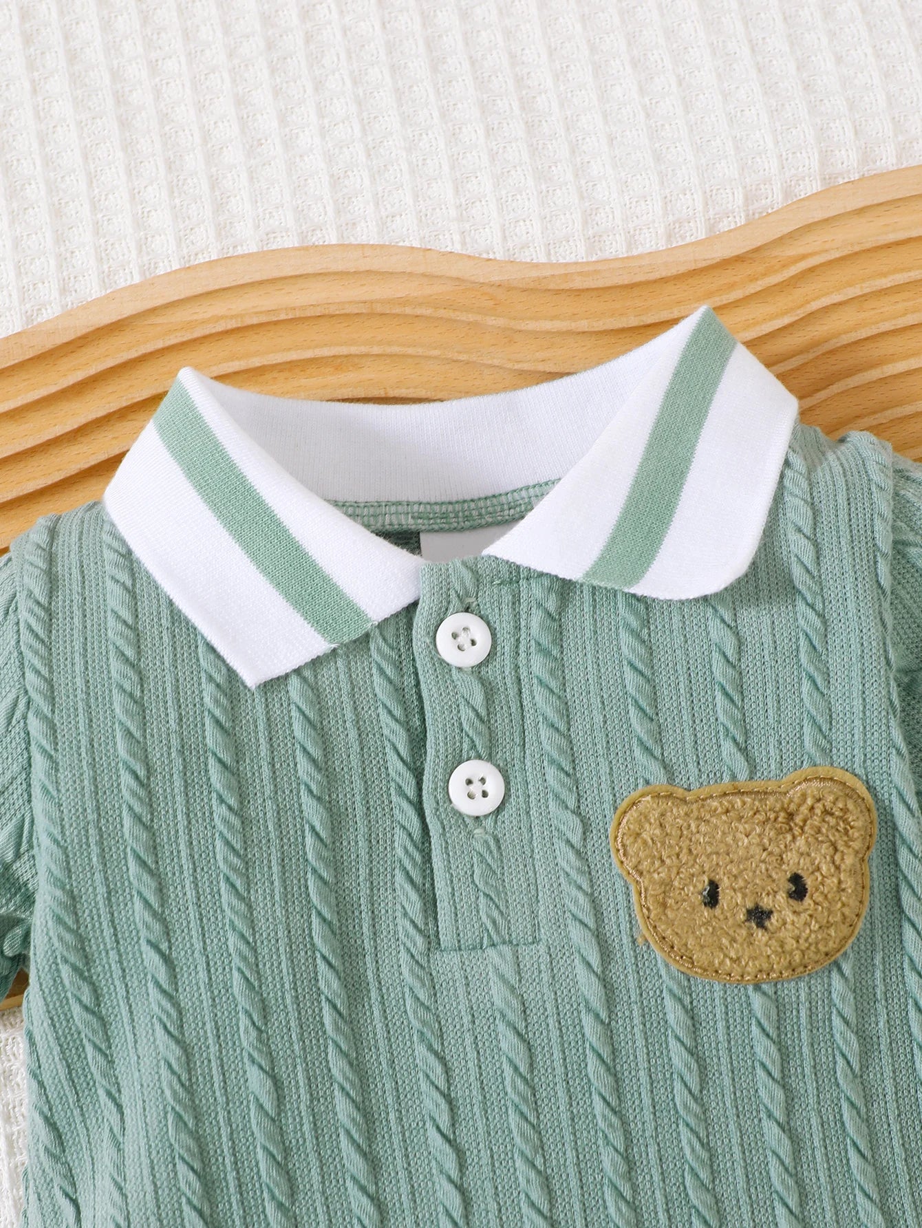 Baby Hani Bear Towel Embroidered Short Sleeve Polo Collar Ribbed Splicing Knitted Jacquard jumpsuit