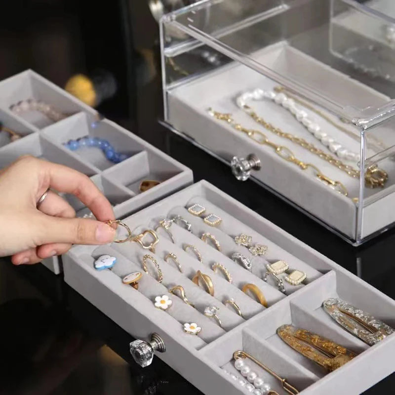 High-capacity Transparent Three-layer Flannel Jewelry Box Drawer Jewelry Box Earring Necklace Ring Dustproof Display Storage Box