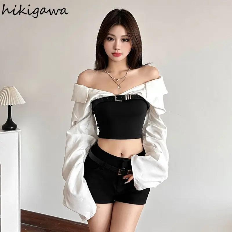 2025 Ropa Mujer Y2k Woman T Shirts Contrast Color Slash Neck Sexy Tees Crop Tops Slim Waist Fashion Casual Streetwear Tshirts