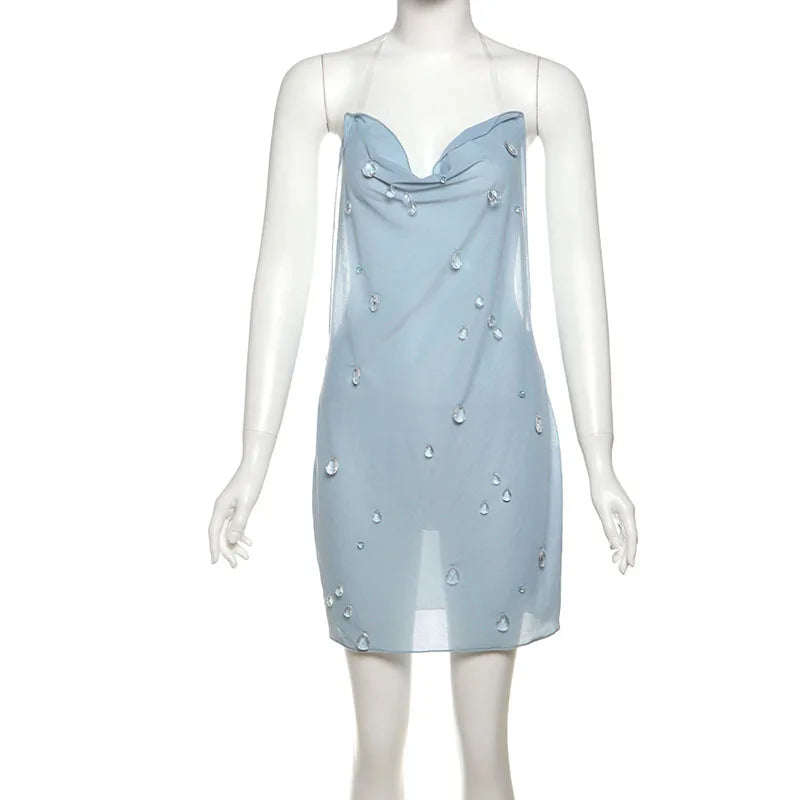 Nsauye Backless Sexy Mesh Short Mini Fashion See Through Dress Summer Women Night Club Sexy V Neck Party Evening Wrap Dress 2025