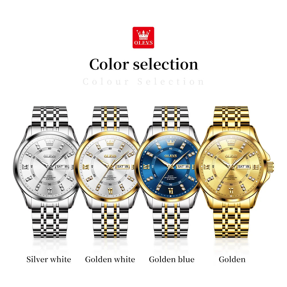 OLEVS 3620 Mens Watch Original Brand Quartz Wristwatch Waterproof Luminous Reloj Watches For Men Dual Calendar Watch Men Gifts