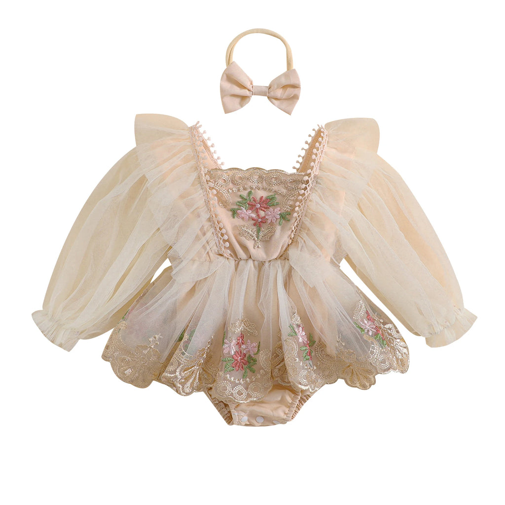 ma&baby 0-24M Baby Girl Romper Newborn Infant Tulle Jumpsuit Princess Long Sleeve Floral Embroidery Clotehs Headband Outfits