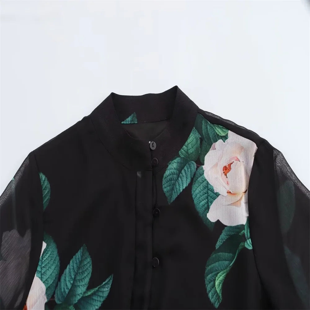 PB&ZA 2025 Women's Black Long Sleeve Maxi Dress with White Floral and Green Leaf Print Belted Waist and Tiered Hem